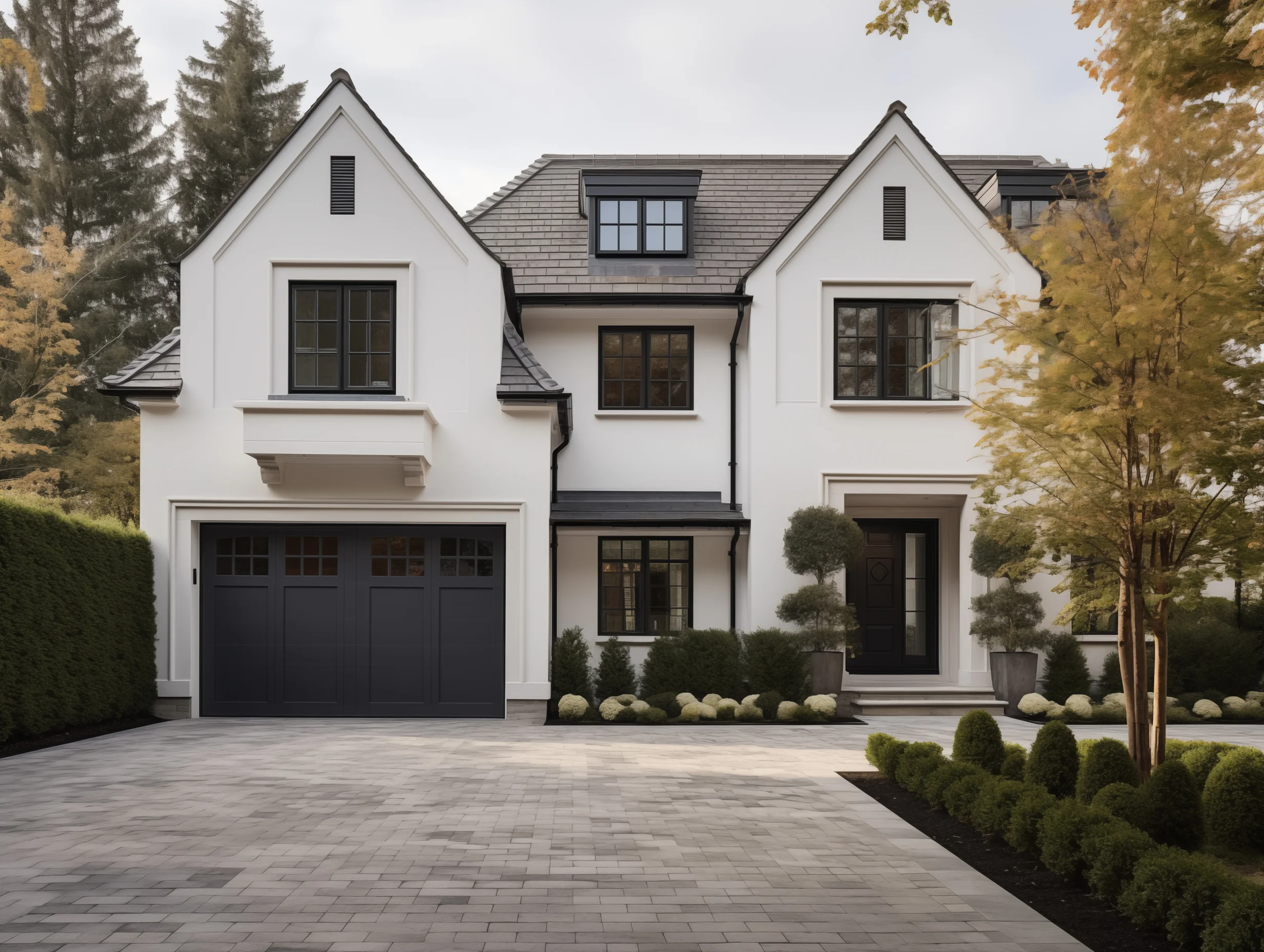 House with white stucco walls greyish roofing and black garrage doors